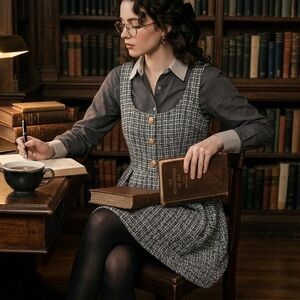 90s Clueless or Academia inspired Boucle Tweed Mini Dress with Gold Buttons